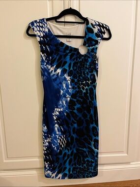 Cache Blue and Black Animal-Print Midi Dress with Ring Detail